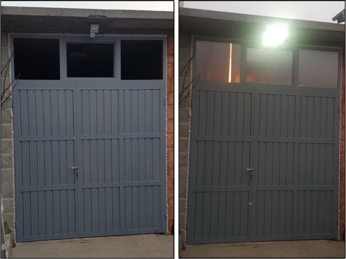 Dvokrilna garažna vrata sa čeličnom konstrukcijom. Pokrivena trapeznim limom.