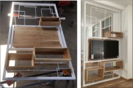 Pregradni zid sa policama i nosačem za TV u kombinaciji materijala beli čelik i hrast - industrijski nameštaj