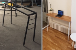 Radni sto kombinacija materijala obojeni čelik u belo i hrast u stilu industrijskog nameštaja